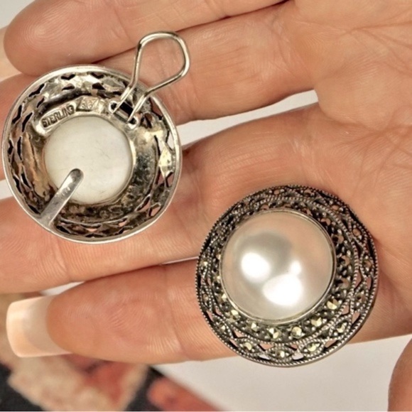 Judith Jack Sterling with Marcasite and Faux Pearl Set (choker & earrings) - Picture 5 of 8